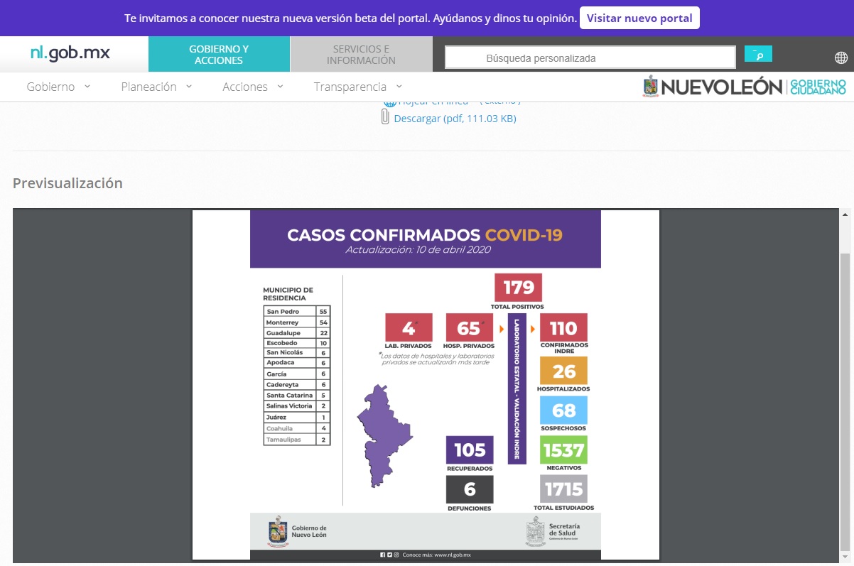 Captura de pantalla tomada del sitio electrónico del Gobierno del estado de Nuevo León, 10-04-20 20:00hrs.